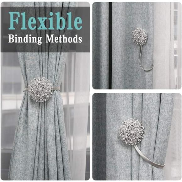 Magnetic Curtain Tiebacks 2 Pack, Crystal Flower Curtain Buckle Decorative - Picture 3 of 6